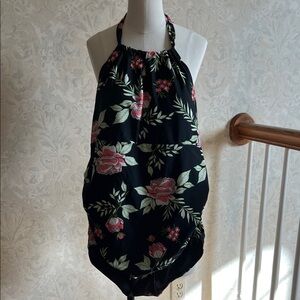 Crane Black Floral Halter Top Bathing Suit Size XXL